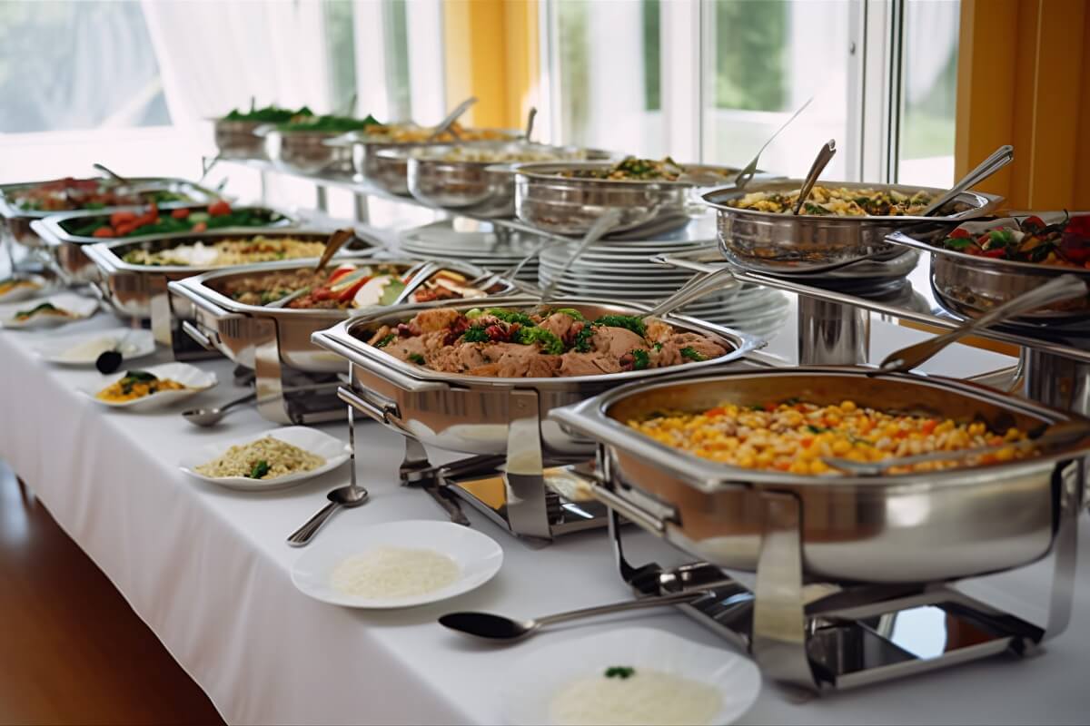 Buffet line with aluminium food trays