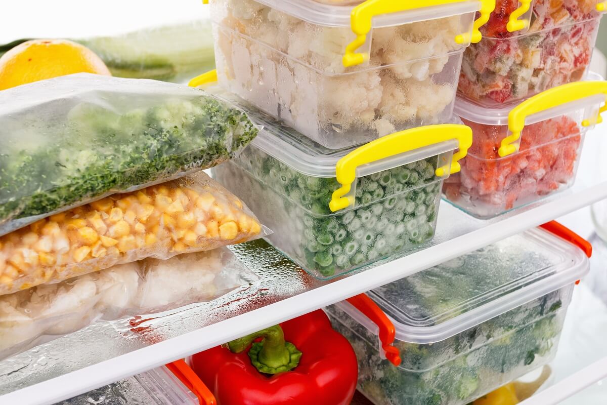 Frozen vegetables in bags and containers