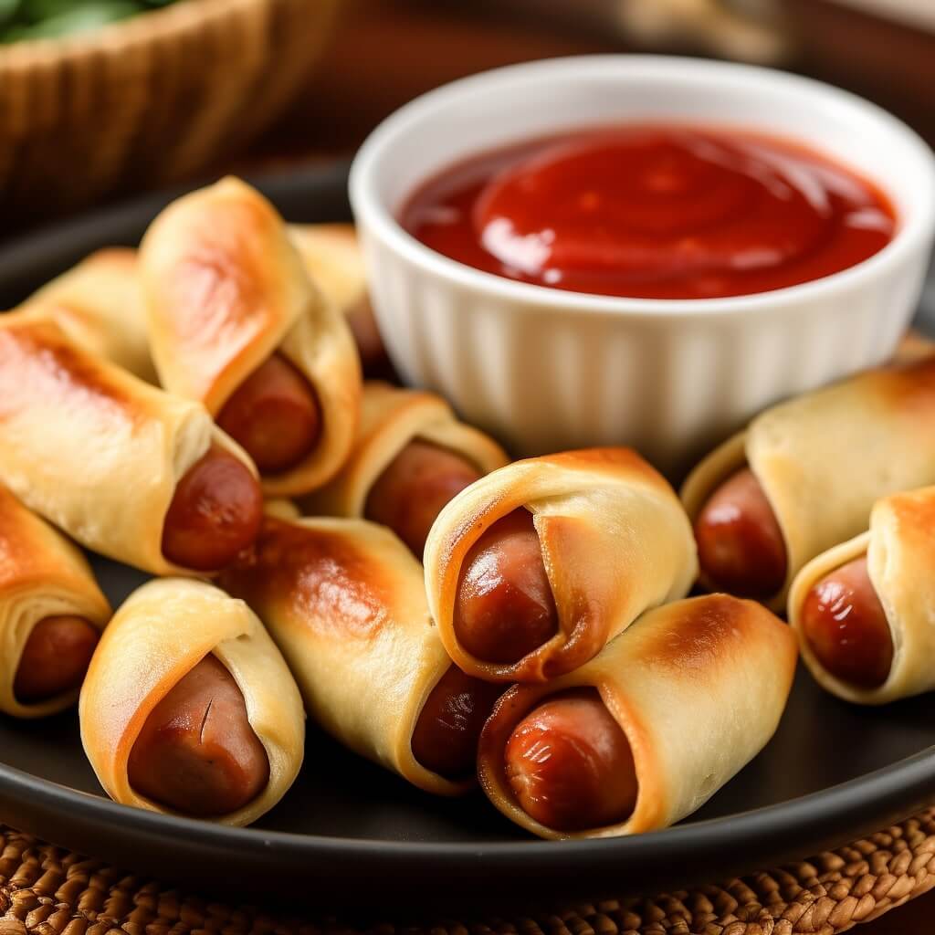 Pigs in a blanket with a small bowl of ketchup