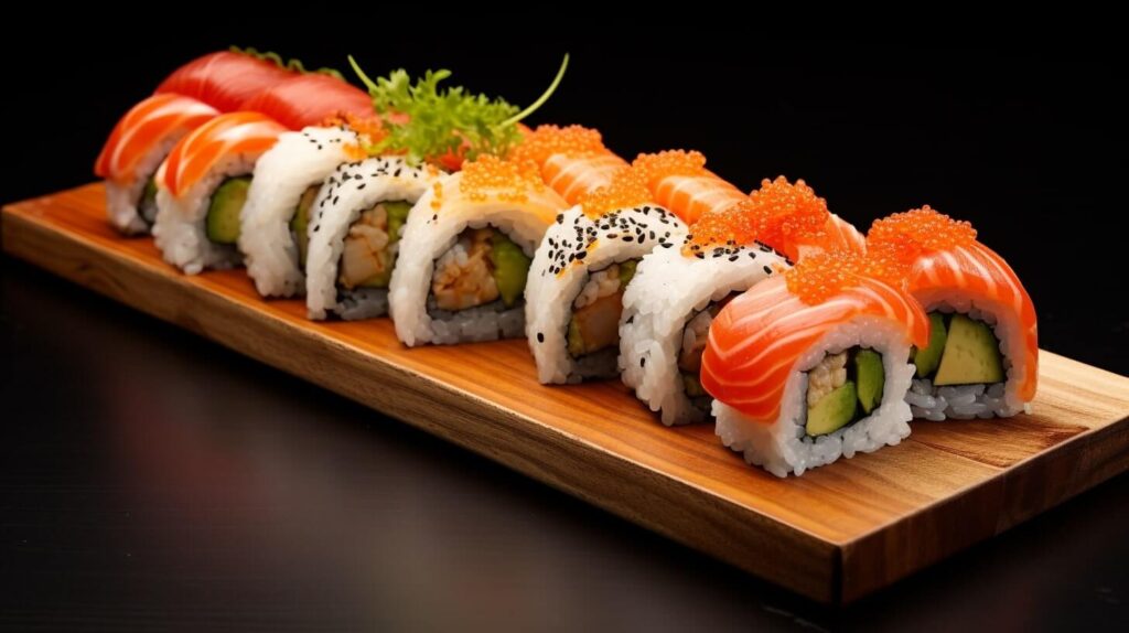 Sushi displayed on a wooden board