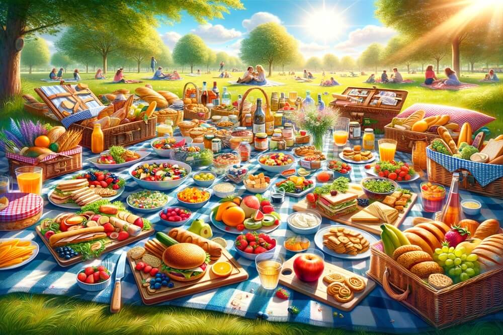 The picnic includes a variety of dishes such as sandwiches