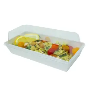 Rectangular White Cardboard To-Go Box Holding Appetizer - Perfect for Parties, Weddings and more