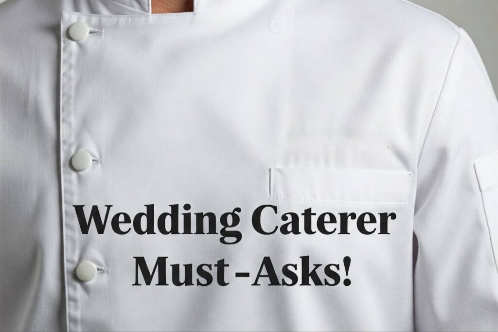 Close-up of a chef's white uniform with the text 'Wedding Caterer Must-Asks!' displayed on the chest.